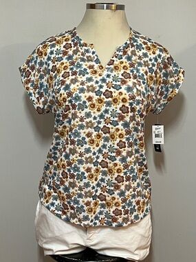 Architect Floral Short Sleeve Notch Neck Top in Blue, Brown & Mustard